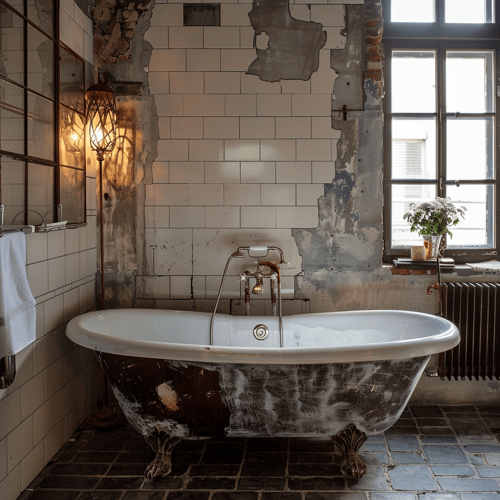 Cast iron freestanding bathtub in industrial bathroom setting