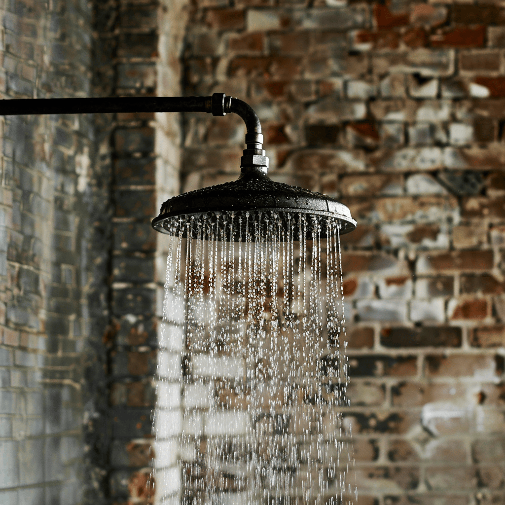 Rainfall showerhead with water cascading against exposed brick wall