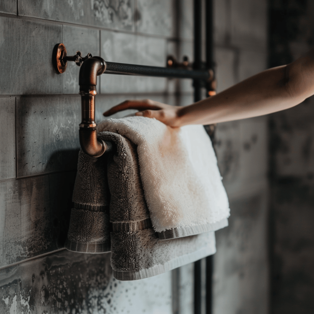 Hand reaching for warm towel on industrial-style heated towel rack