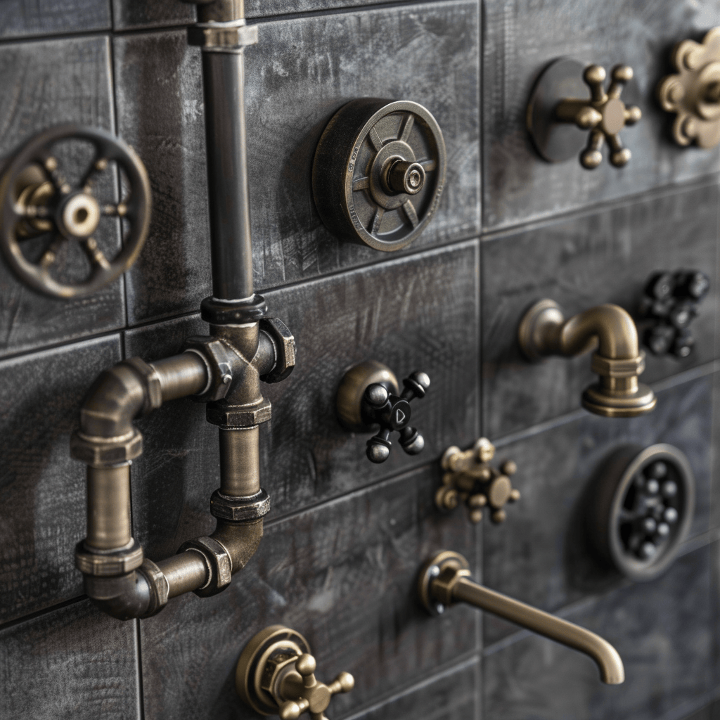 Close-up of industrial bathroom details including pipe fittings and mixed metal finishes