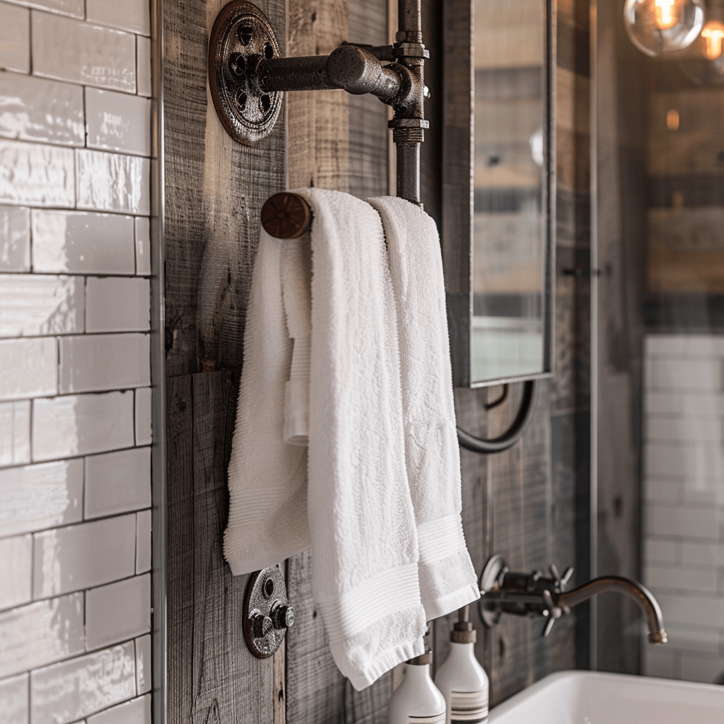 DIY towel holder made from repurposed pipe fittings in industrial bathroom