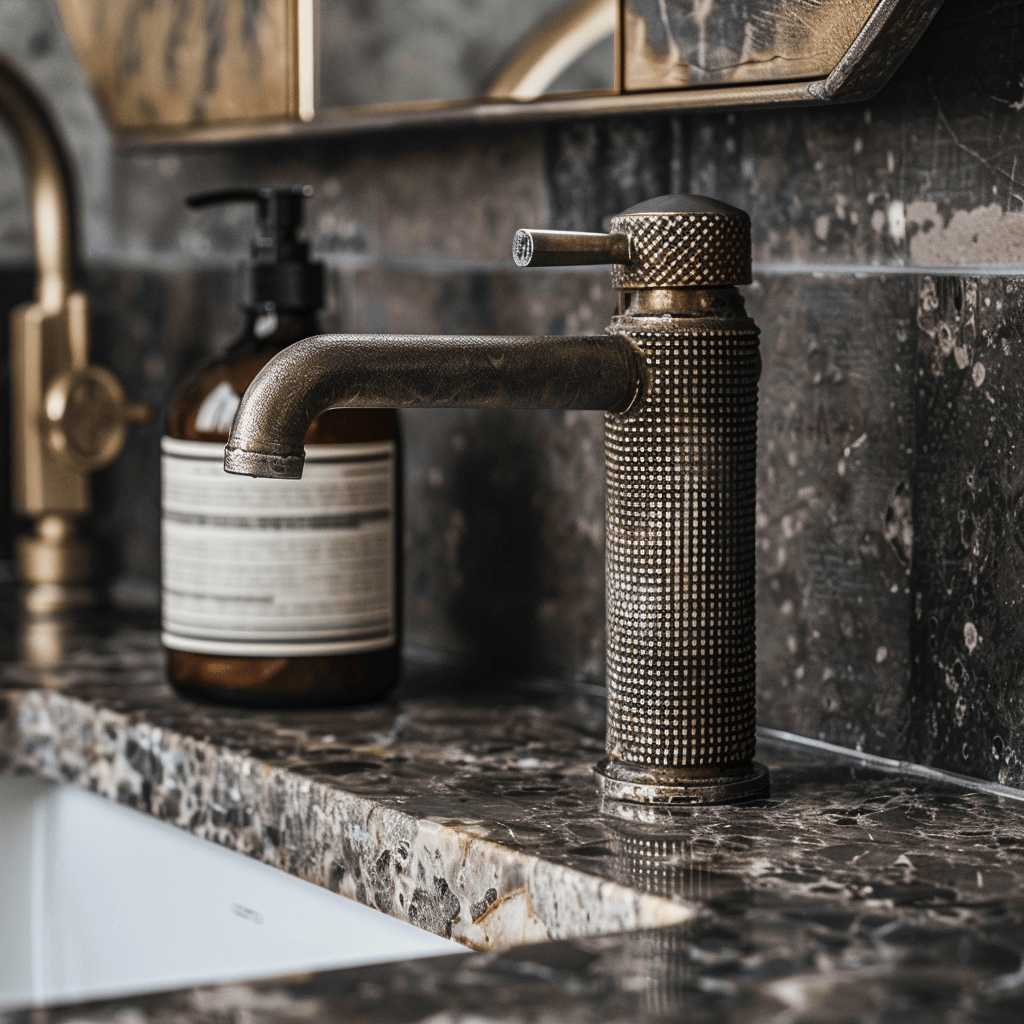 Knurled faucet handle in industrial bathroom