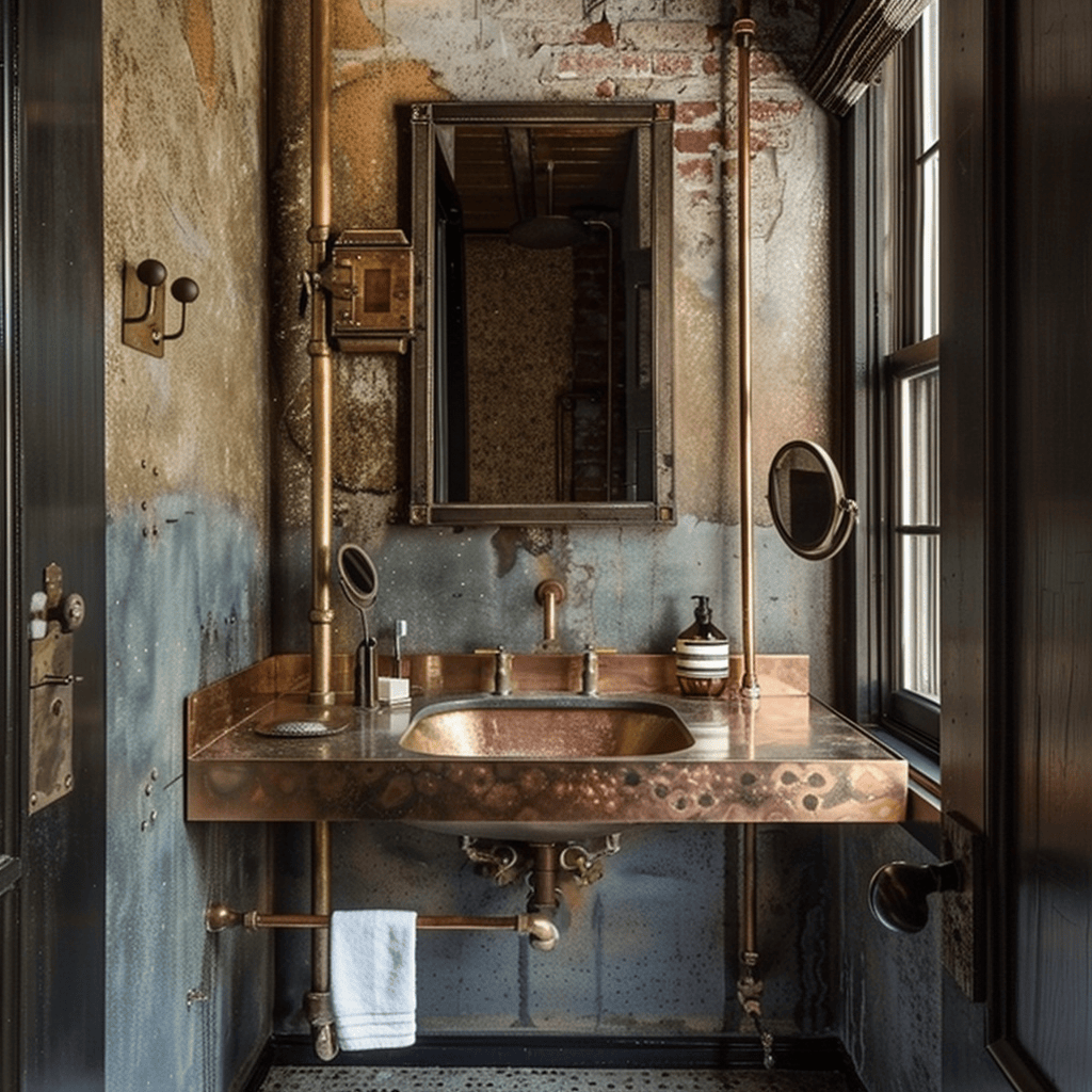 Industrial bathroom featuring brass, copper, and stainless steel fixtures