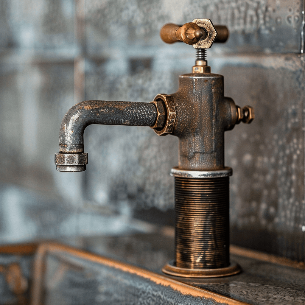 Industrial faucet with valve handle against concrete and metal backdrop