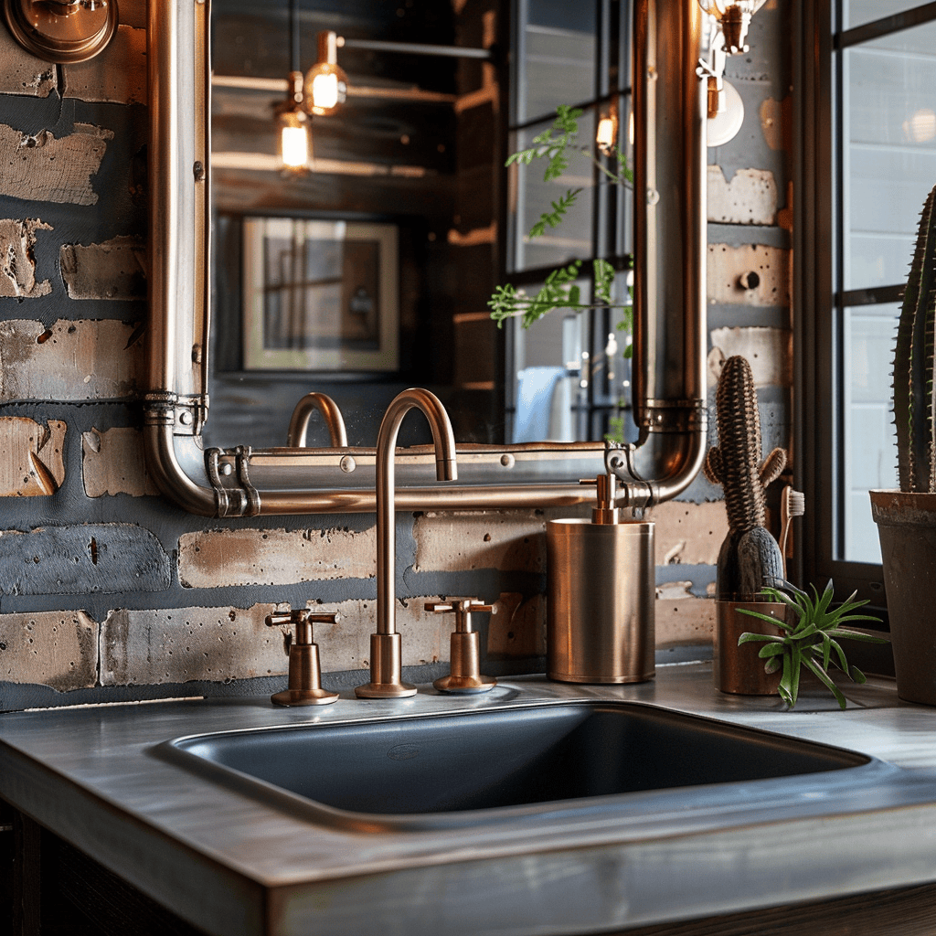 Industrial bathroom with brushed nickel faucet, copper mirror frame, and oil-rubbed bronze hardware