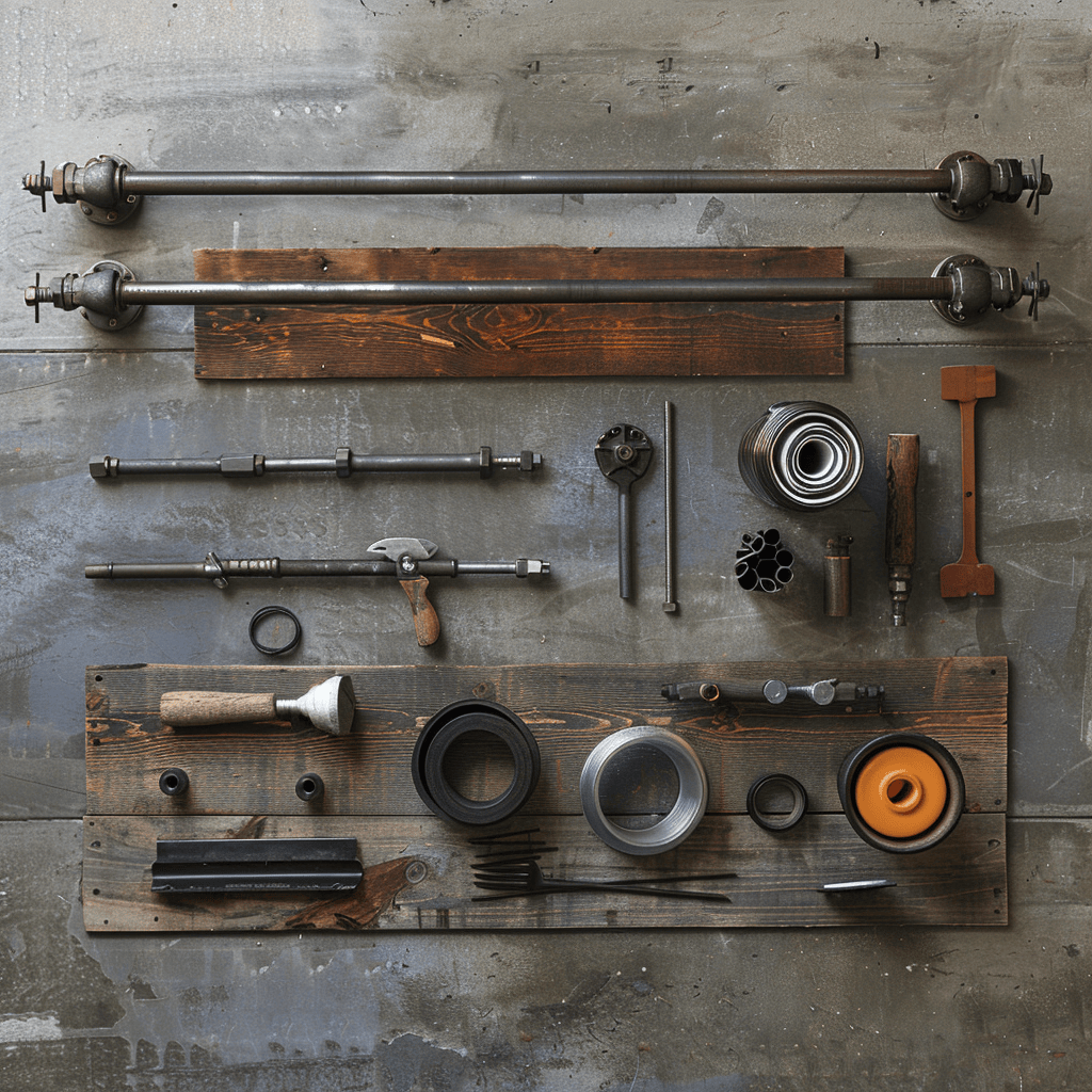 Step-by-step guide to making industrial pipe shelf with tools on concrete floor