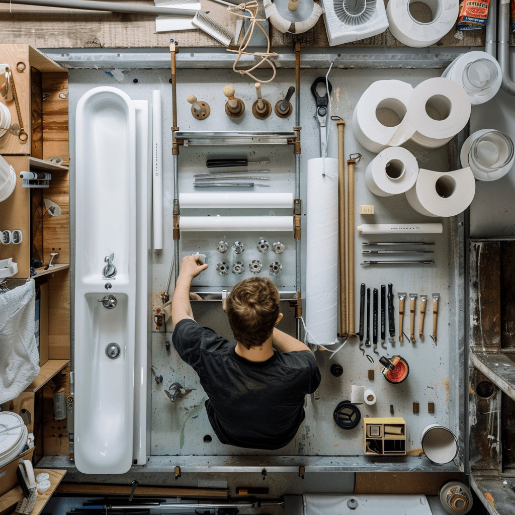 Person working on DIY industrial bathroom project with tools and materials