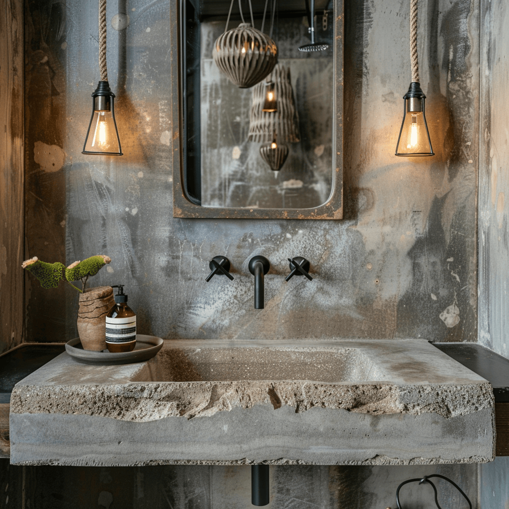 Custom cast concrete sink and countertop with textured finish in industrial bathroom