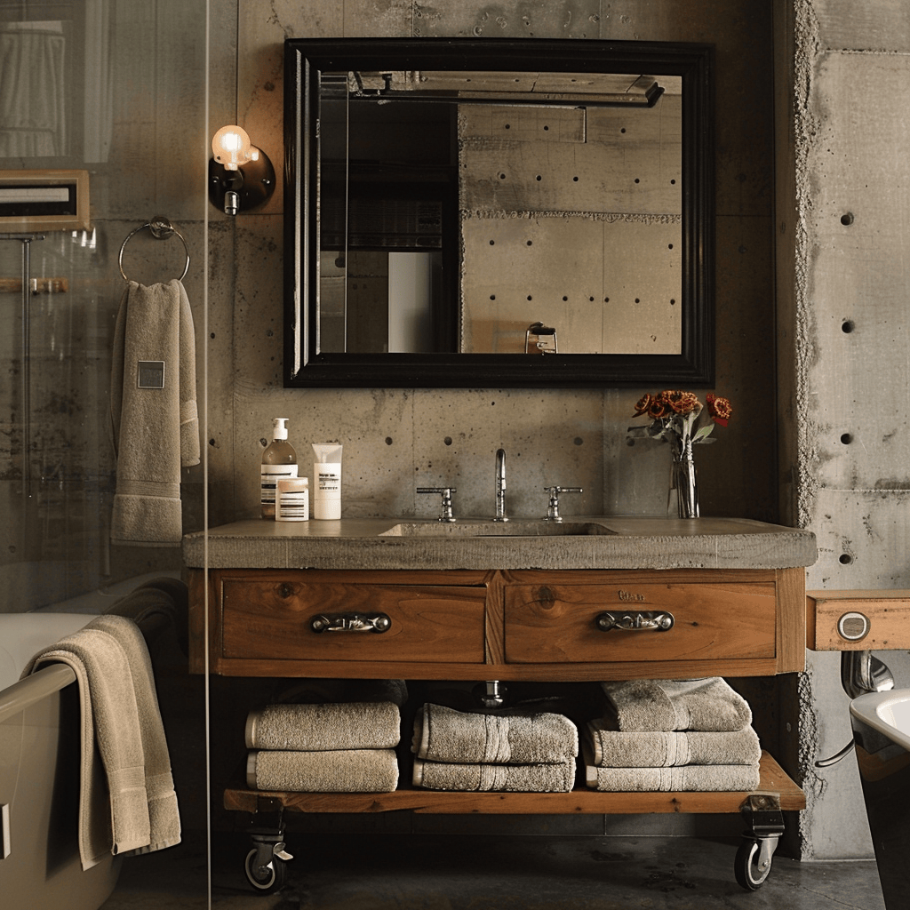 Industrial bathroom blending raw elements with plush towels and wooden vanity