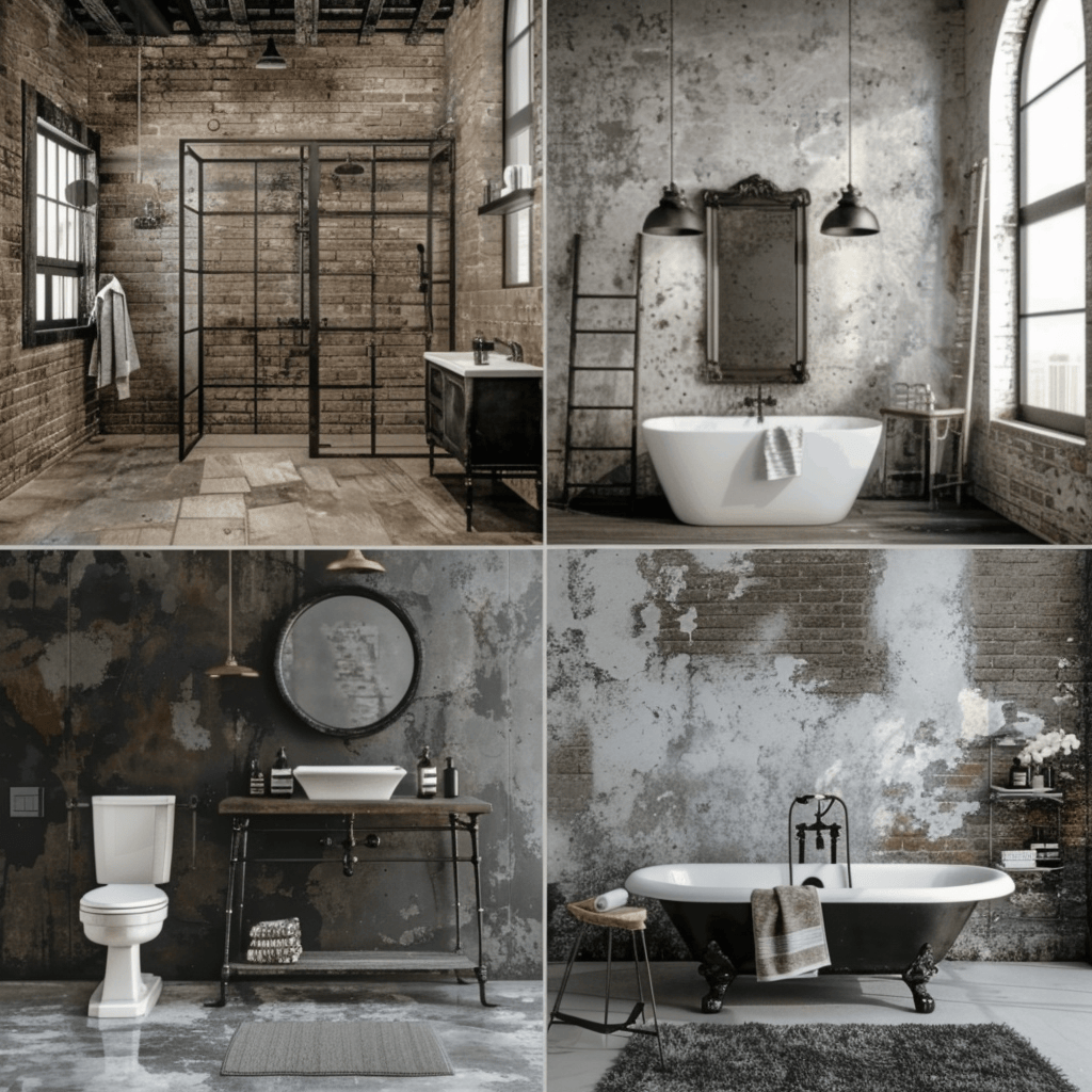 Collage of three industrial bathroom designs with distinct styles