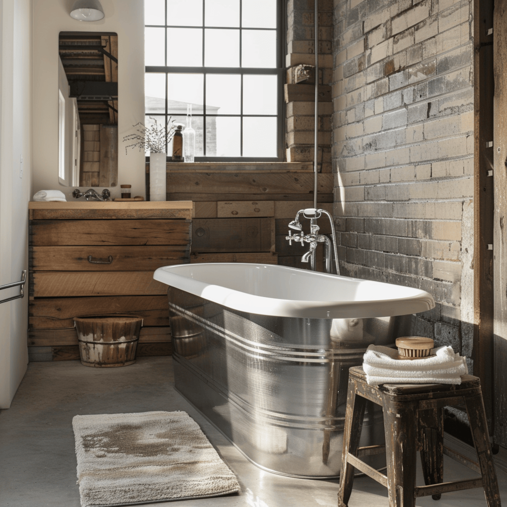 Industrial bathroom with rustic farmhouse style, reclaimed wood vanity, and metal tub