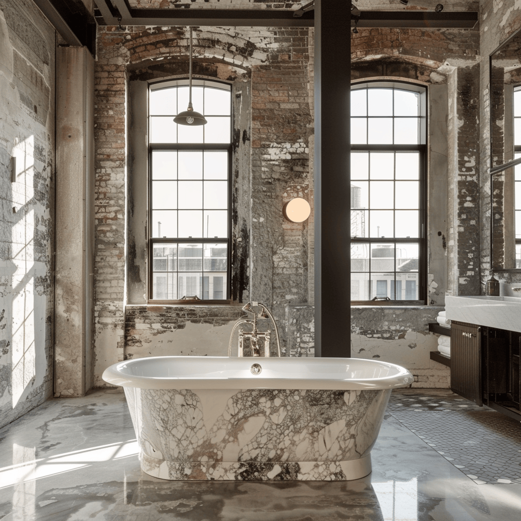 Industrial bathroom in converted factory loft with tall ceilings and original details