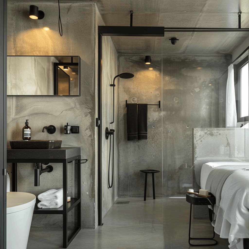 Modern industrial hotel bathroom with polished concrete floors and black metal fixtures