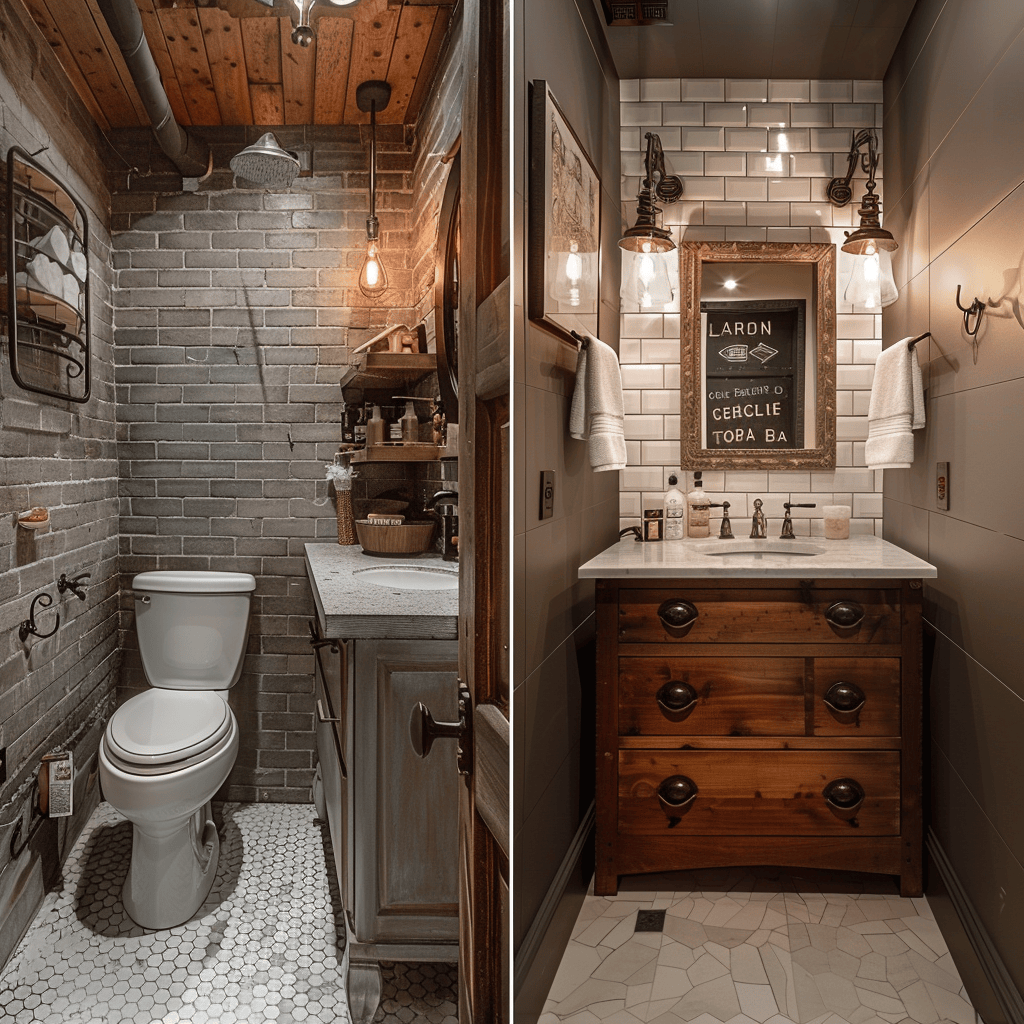 Comparison of small industrial powder room and large industrial master bathroom