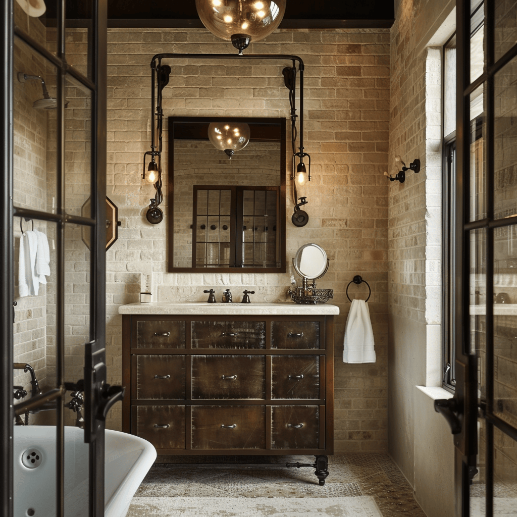 Traditional bathroom with subtle industrial accents like metal-framed mirror and vintage light fixture