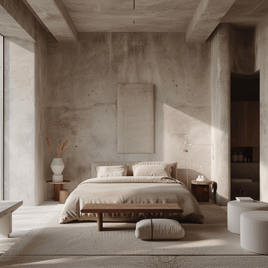Minimalist bedroom highlighting geometric forms, natural textures, and a soothing neutral palette