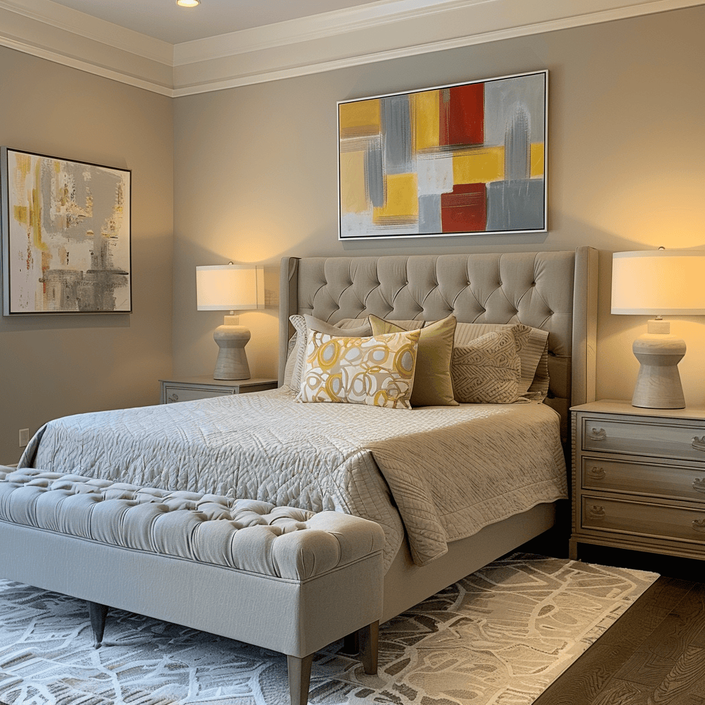 Modern bedroom with a calming neutral palette accented by vibrant colors