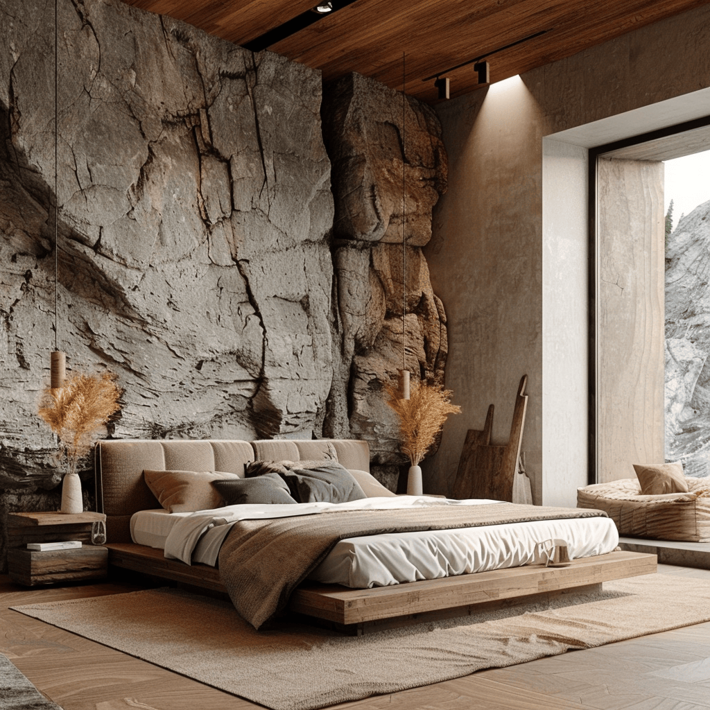 Modern bedroom featuring natural wood and stone accents for warmth and texture