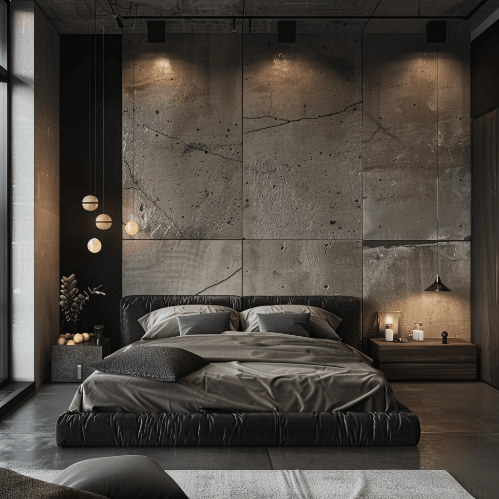 Contemporary bedroom with stone and concrete accents for a modern industrial vibe