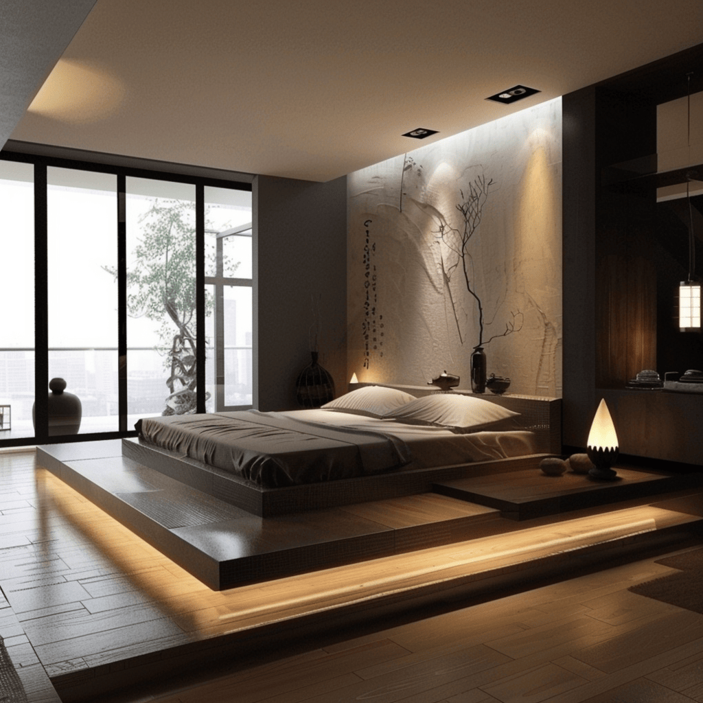 Contemporary bedroom featuring a minimalist platform bed as the centerpiece