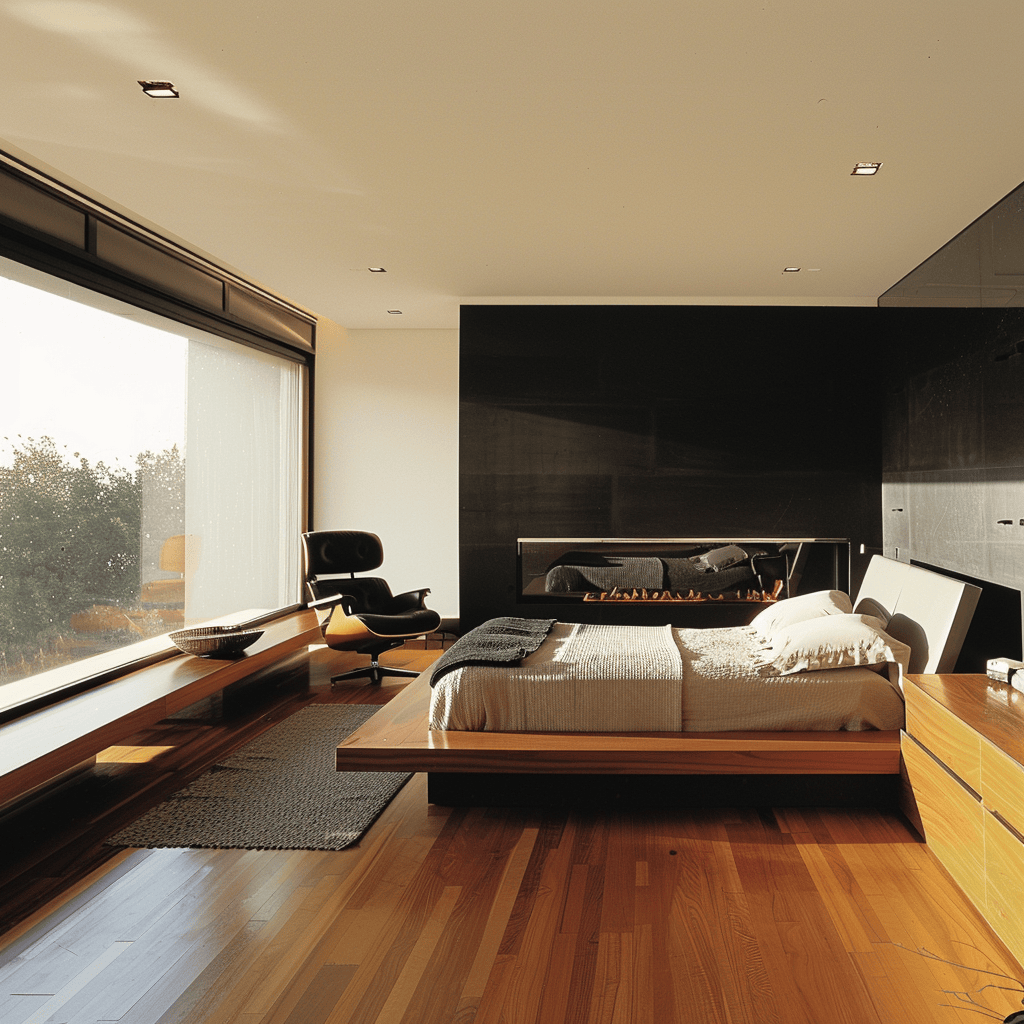 Modern bedroom with a sleek platform bed, minimalist dresser, and cozy lounge chair