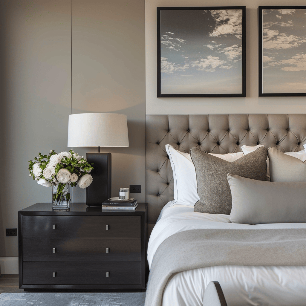Modern bedroom showcasing the interplay of plush fabrics and mixed finishes for a refined look