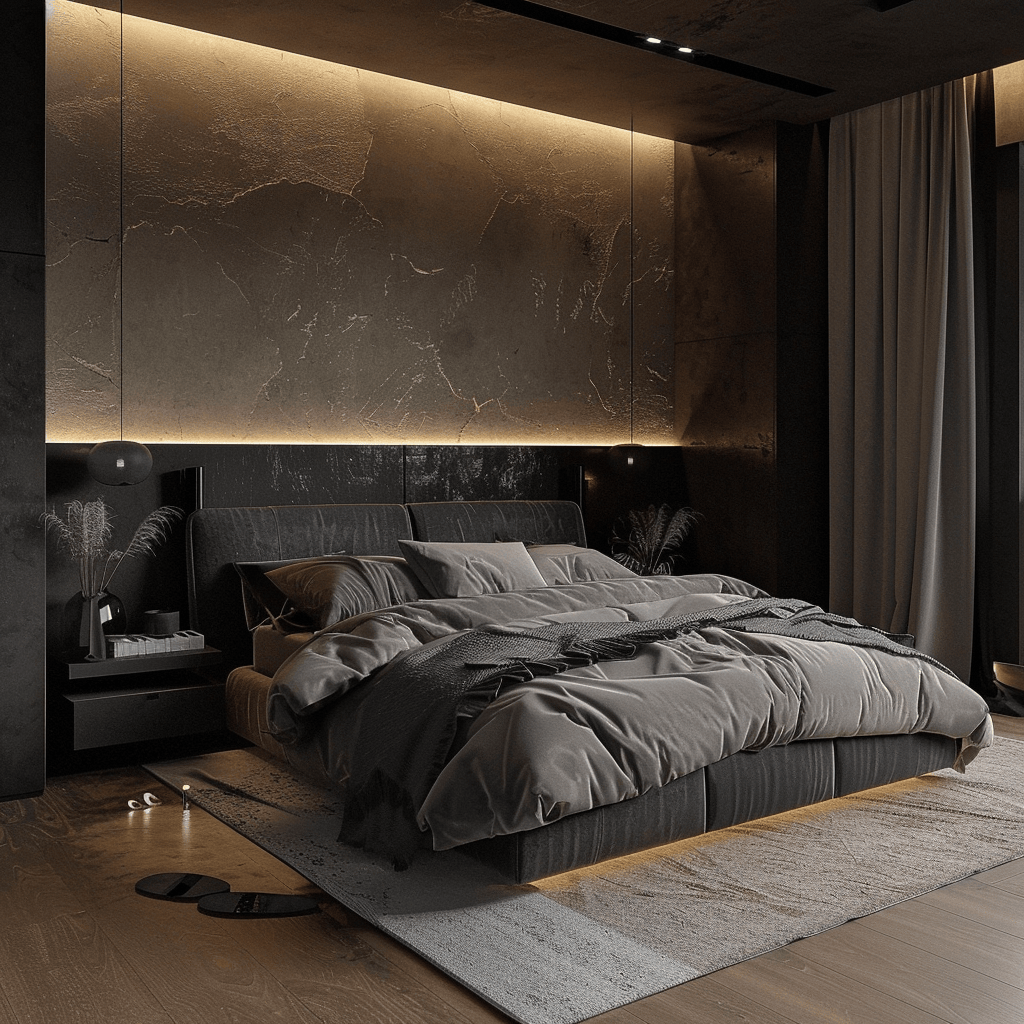 Modern bedroom with layered lighting design