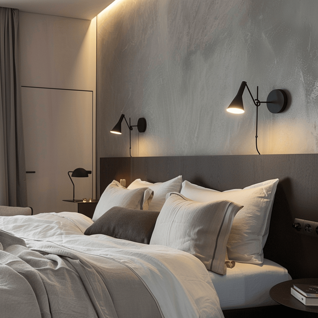 Modern bedroom featuring wall sconces and floor lamps