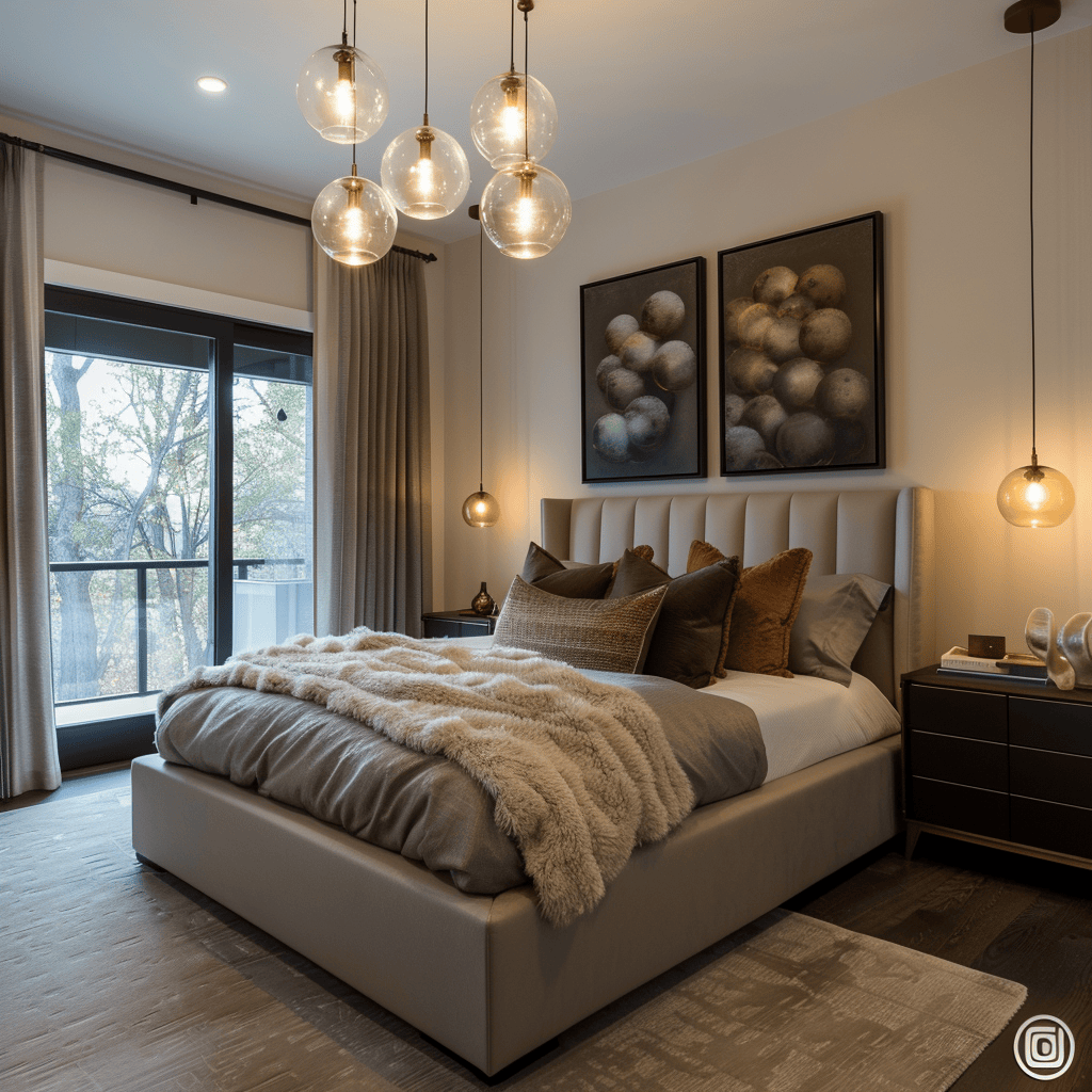 Modern bedroom with striking pendant lighting