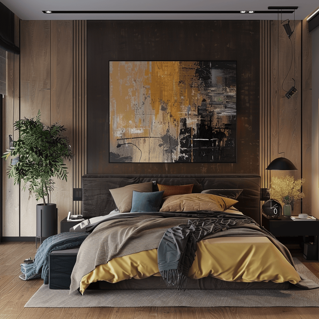 Modern bedroom with abstract art, plush bedding, decorative pillows, and greenery