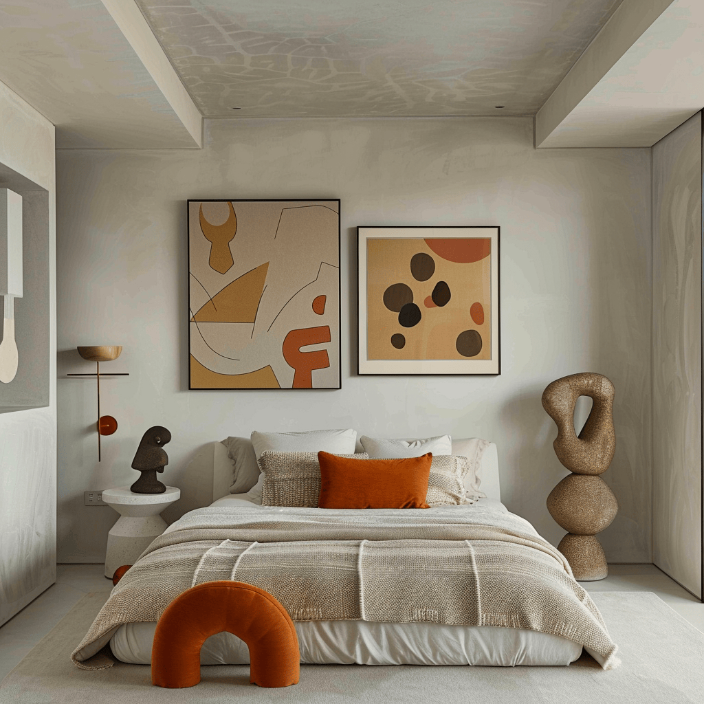Modern bedroom featuring abstract art and minimalist sculptures