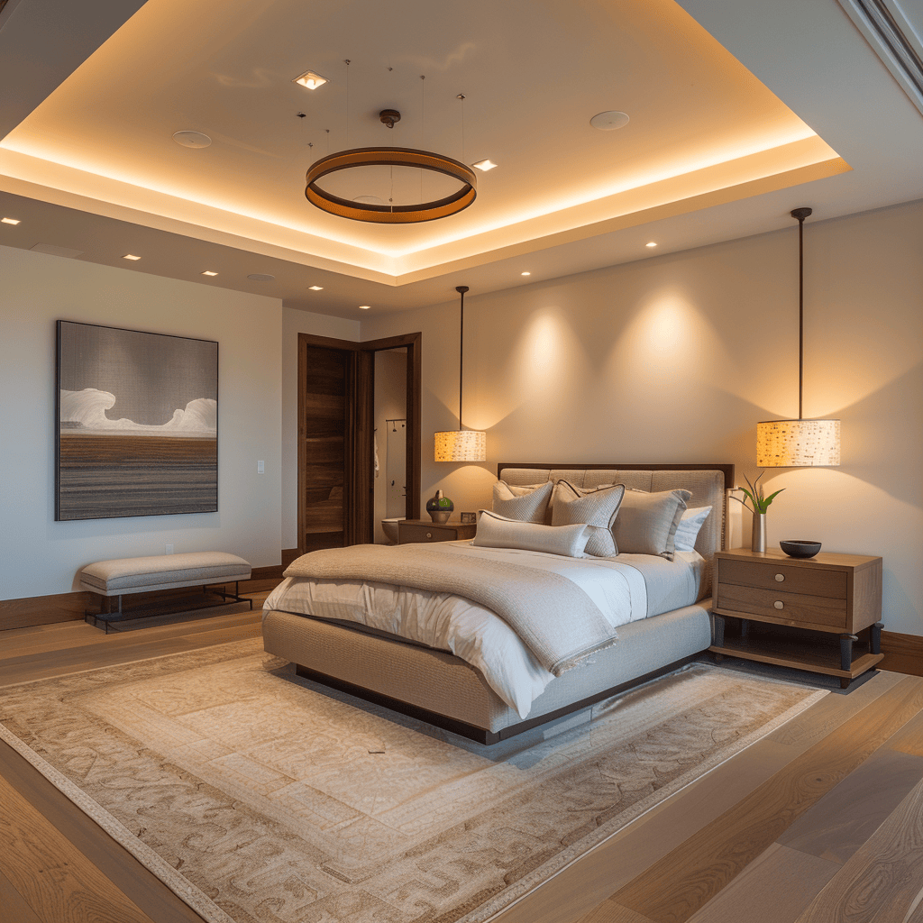 Contemporary bedroom with a combination of ambient and task lighting