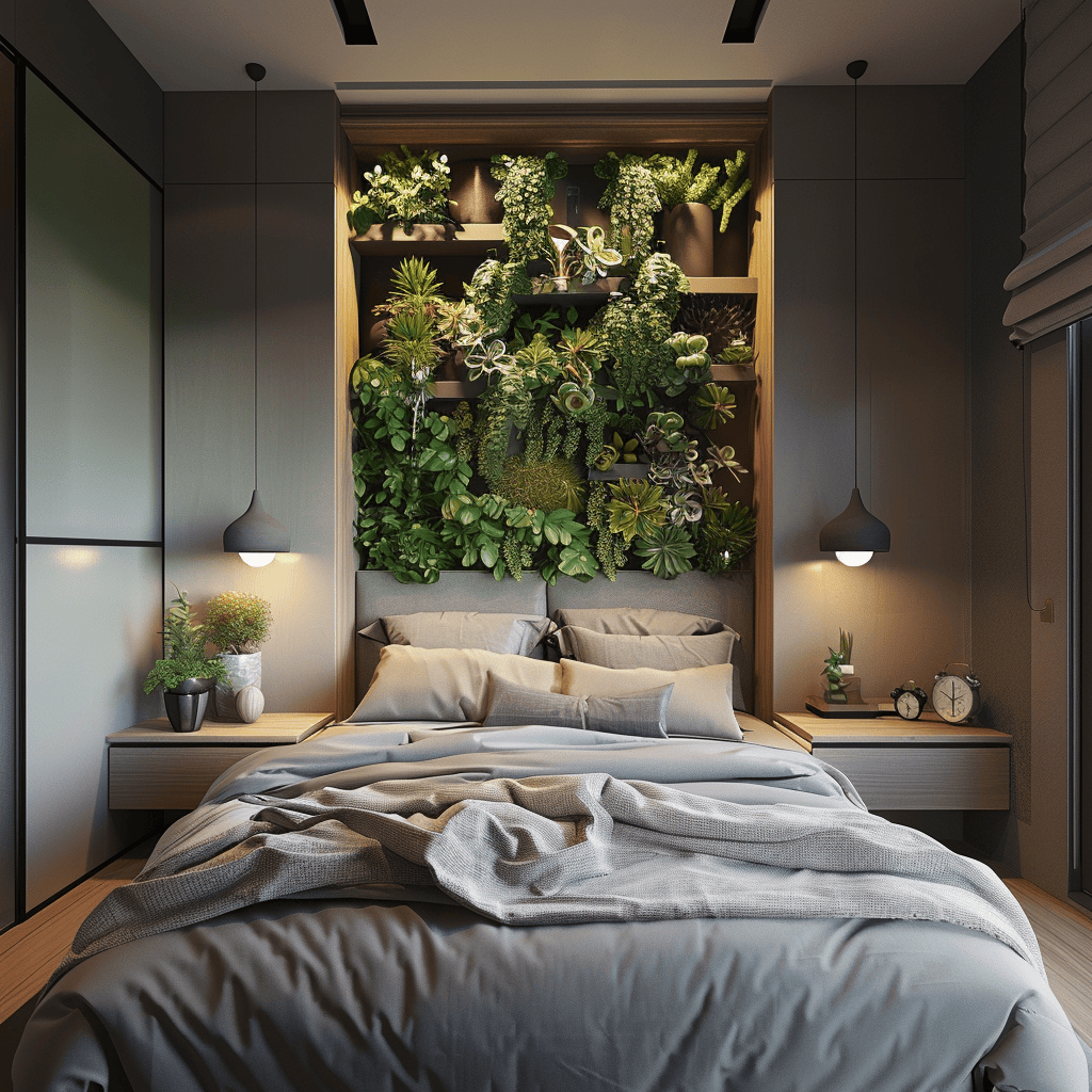 Modern bedroom featuring lush greenery and plants