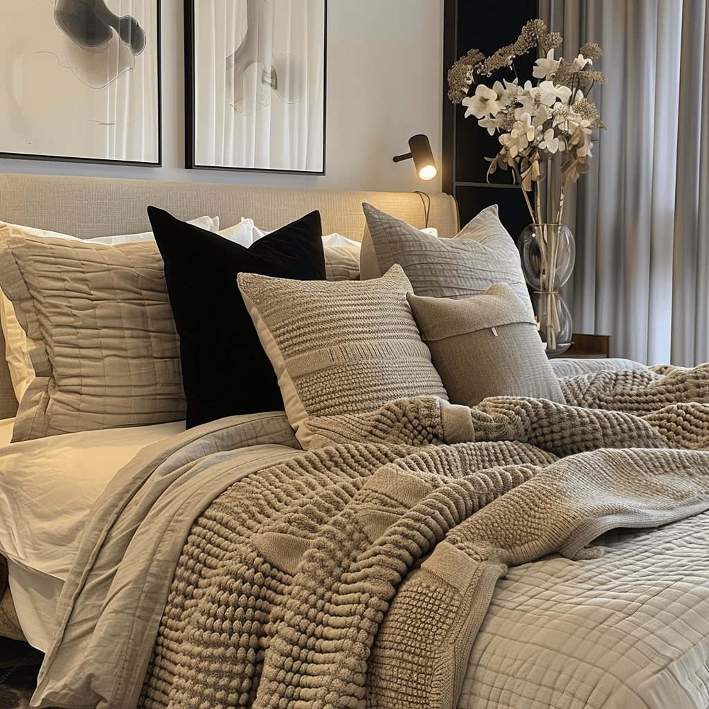 Modern bedroom with luxurious bedding and textiles