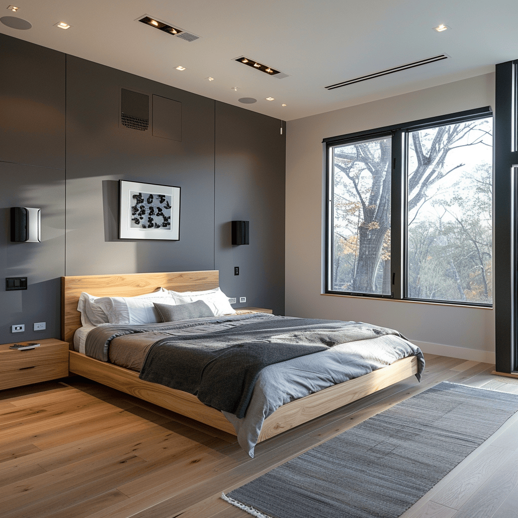 Futuristic modern bedroom with voice-activated devices and hidden technology