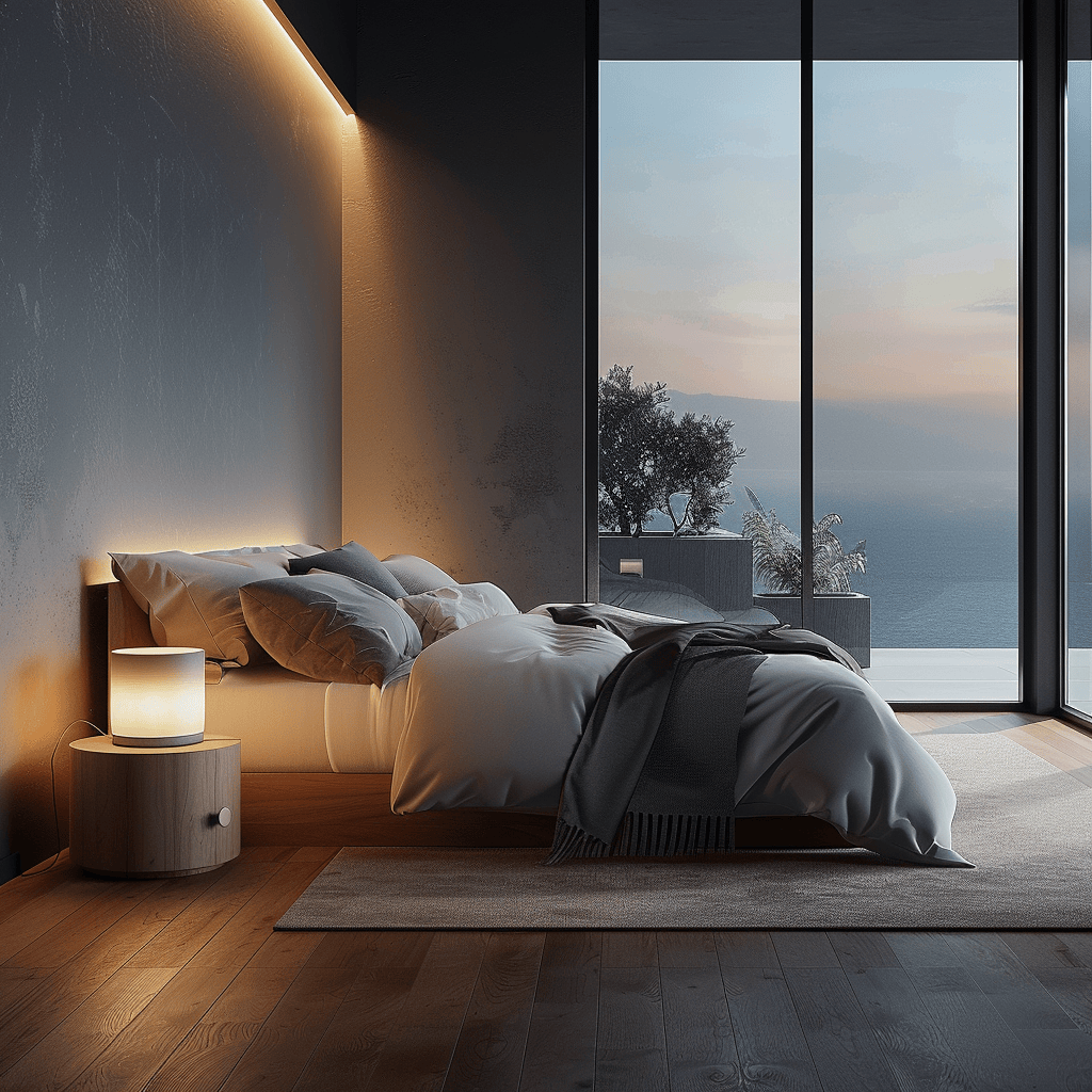 Modern bedroom with integrated smart home devices