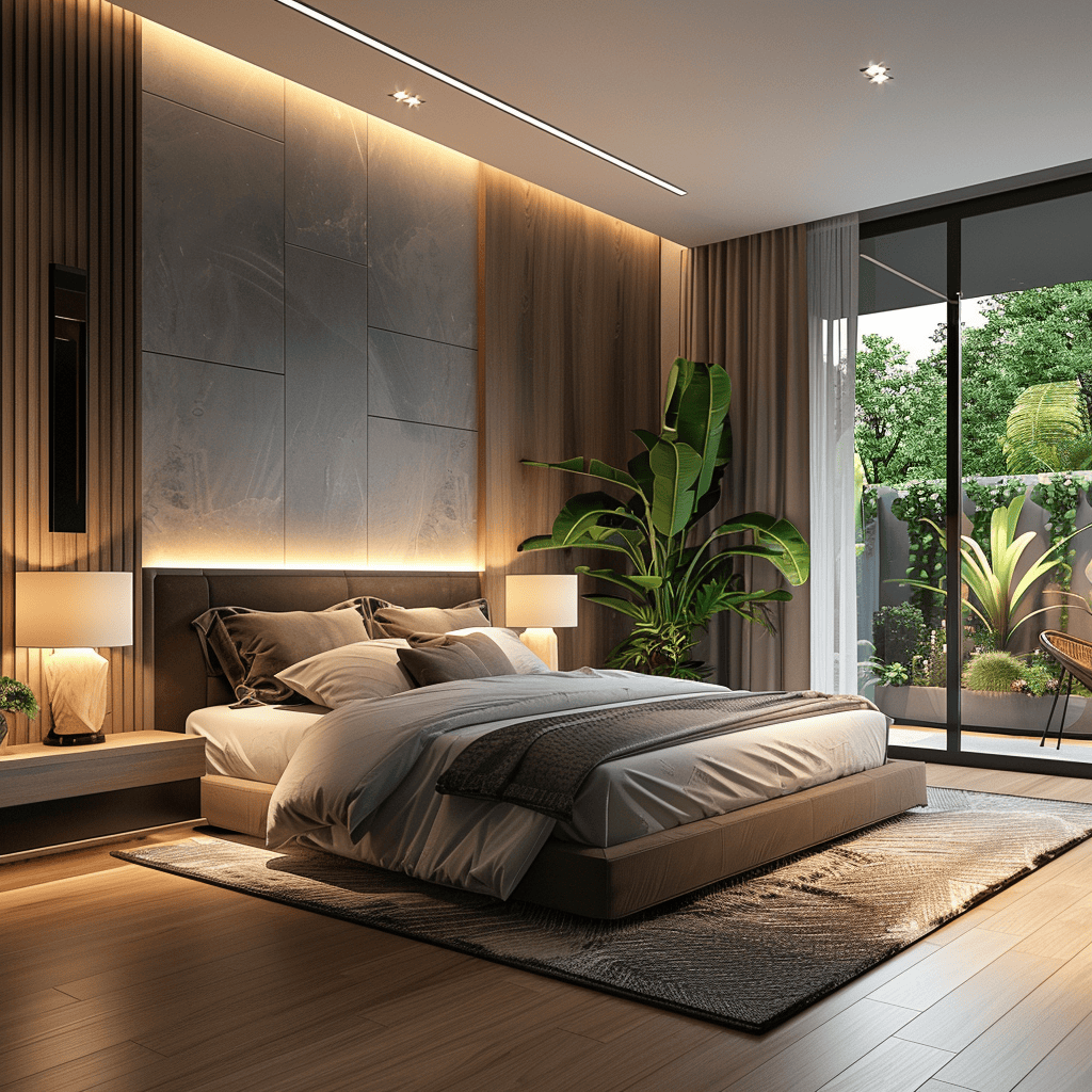 Modern bedroom with automated lighting and temperature control