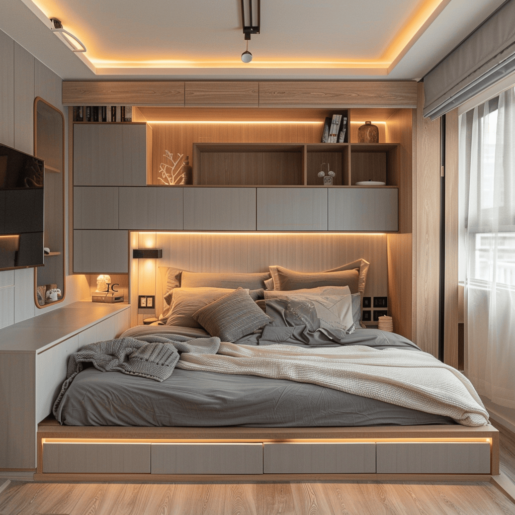 Compact modern bedroom with smart space-saving solutions
