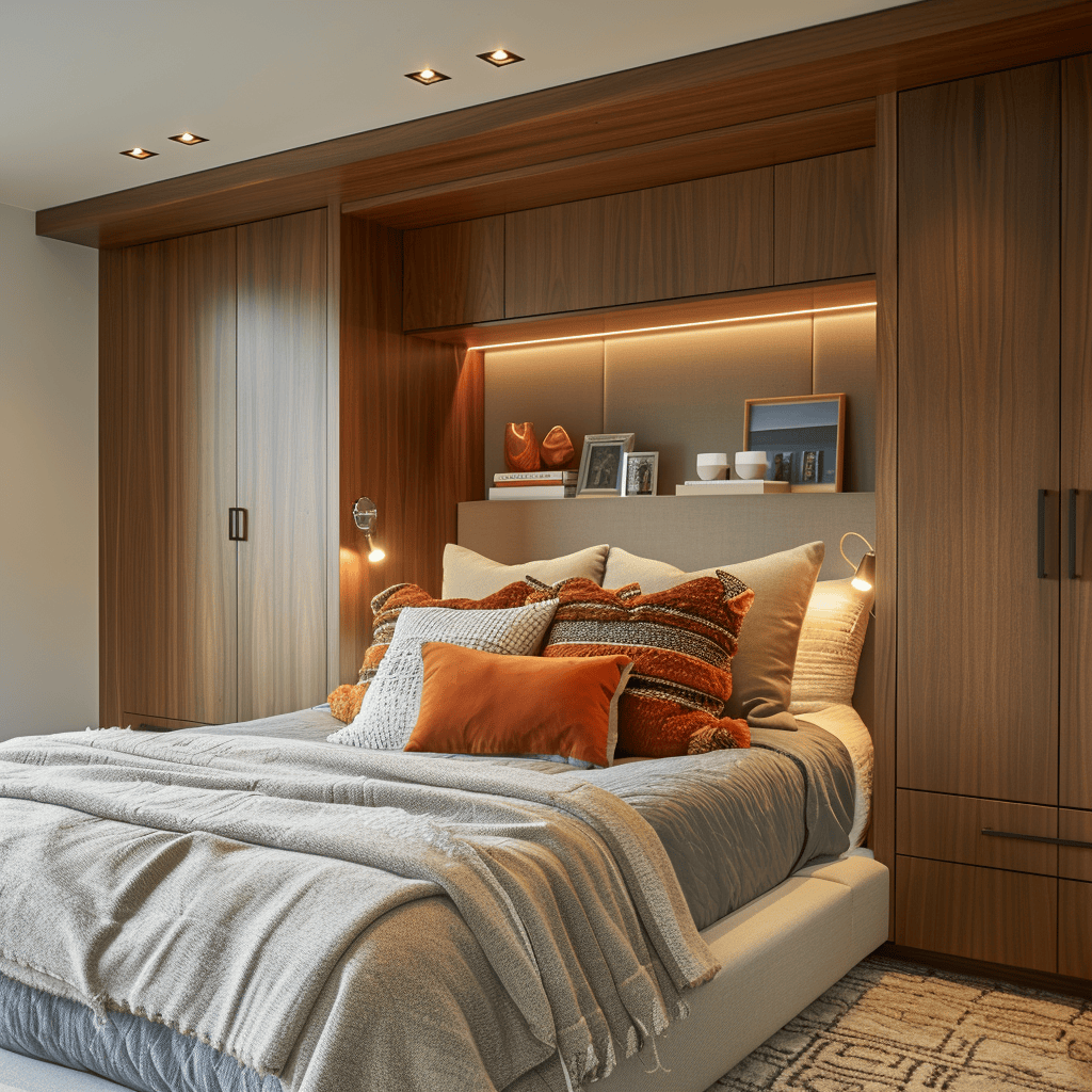 Modern bedroom with hidden outlets and integrated media center