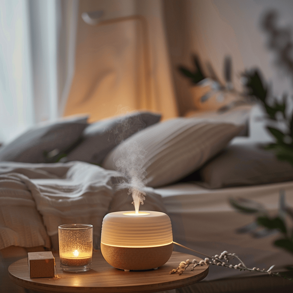 Modern bedroom with calming aromatherapy elements