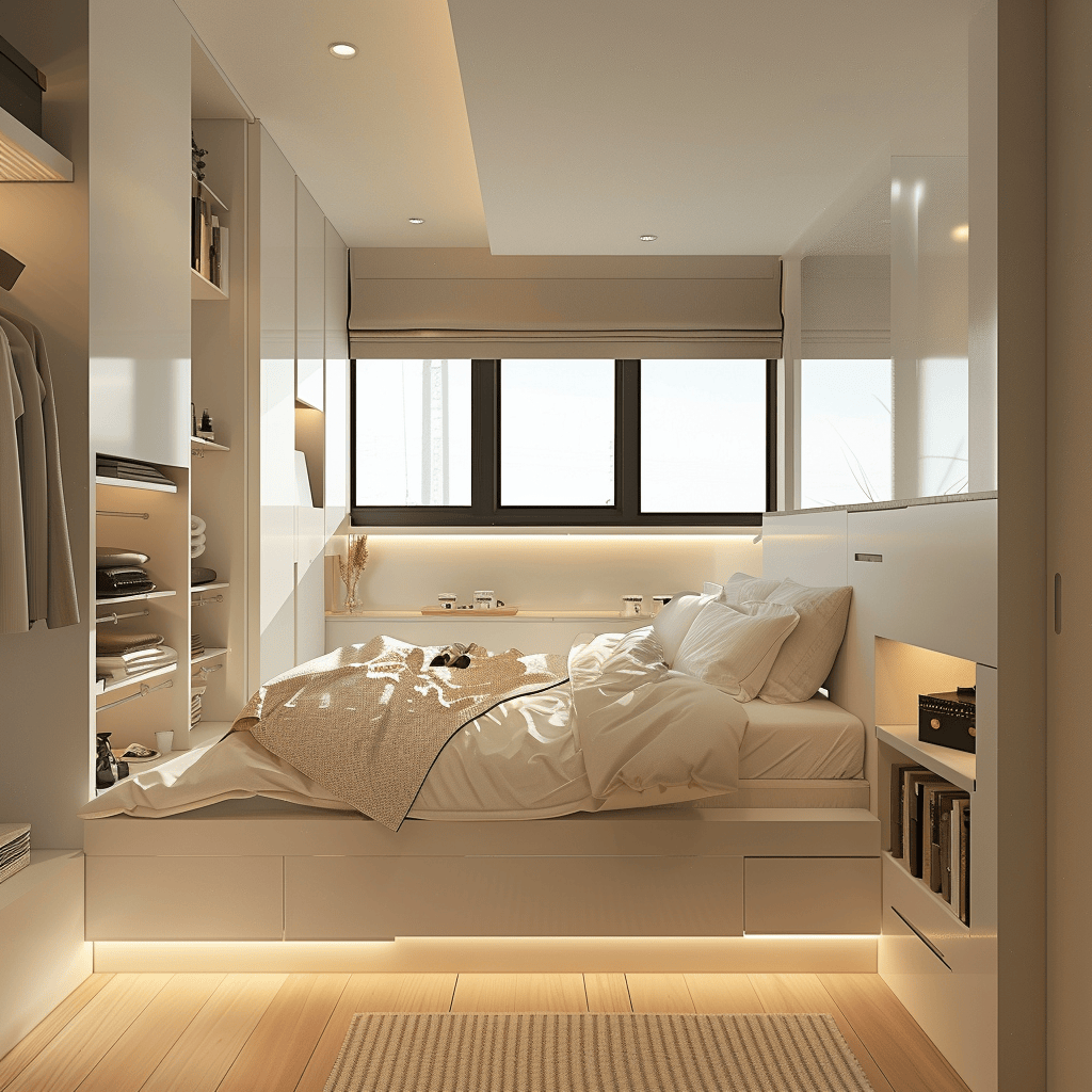 Flexible modern bedroom design with modular furniture and hidden storage