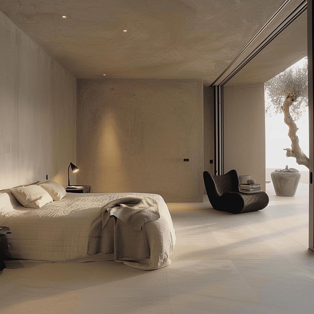 Contemporary bedroom exemplifying modern design principles with sleek furniture and uncluttered space