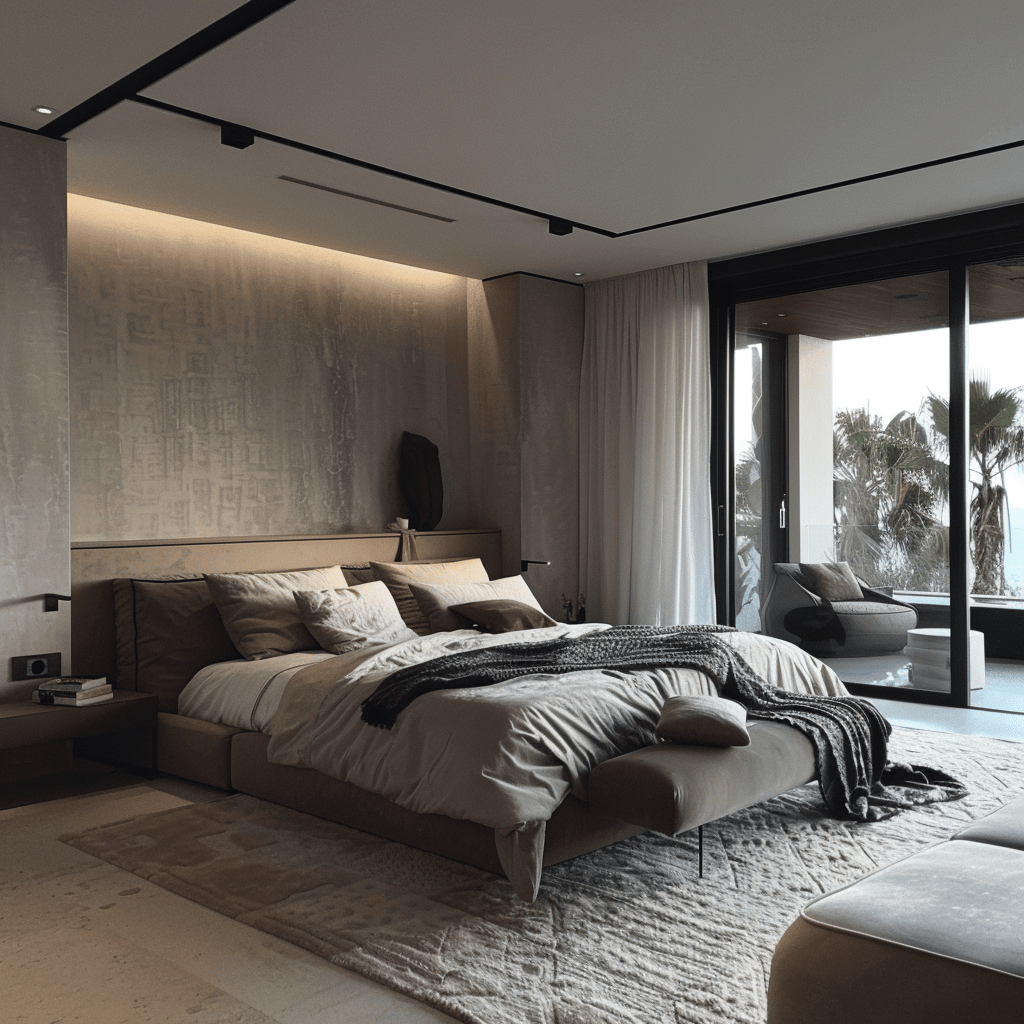 Inviting modern bedroom with clean lines, comfortable furnishings, and functional design