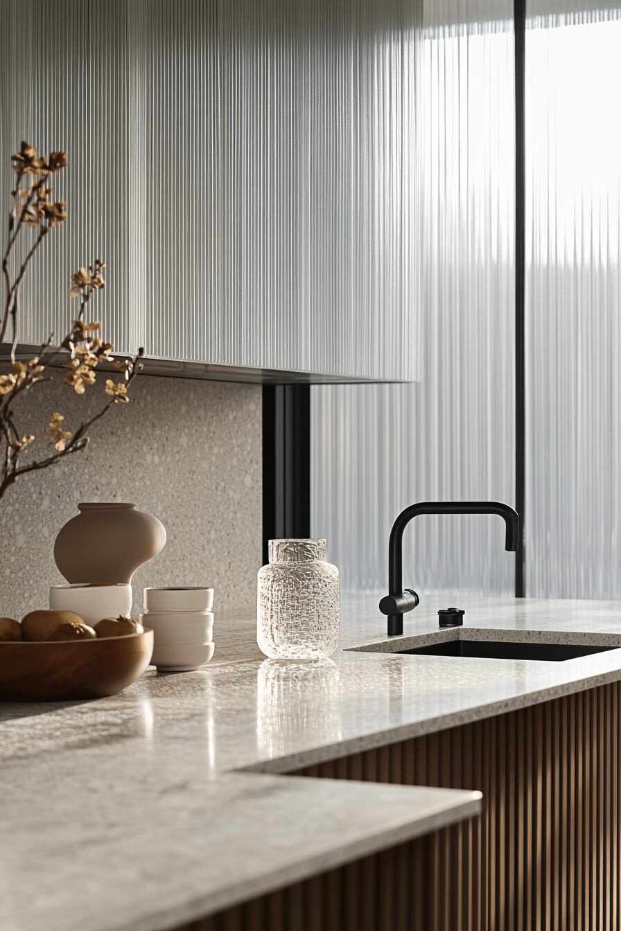 seamless fluted glass kitchen cabinets