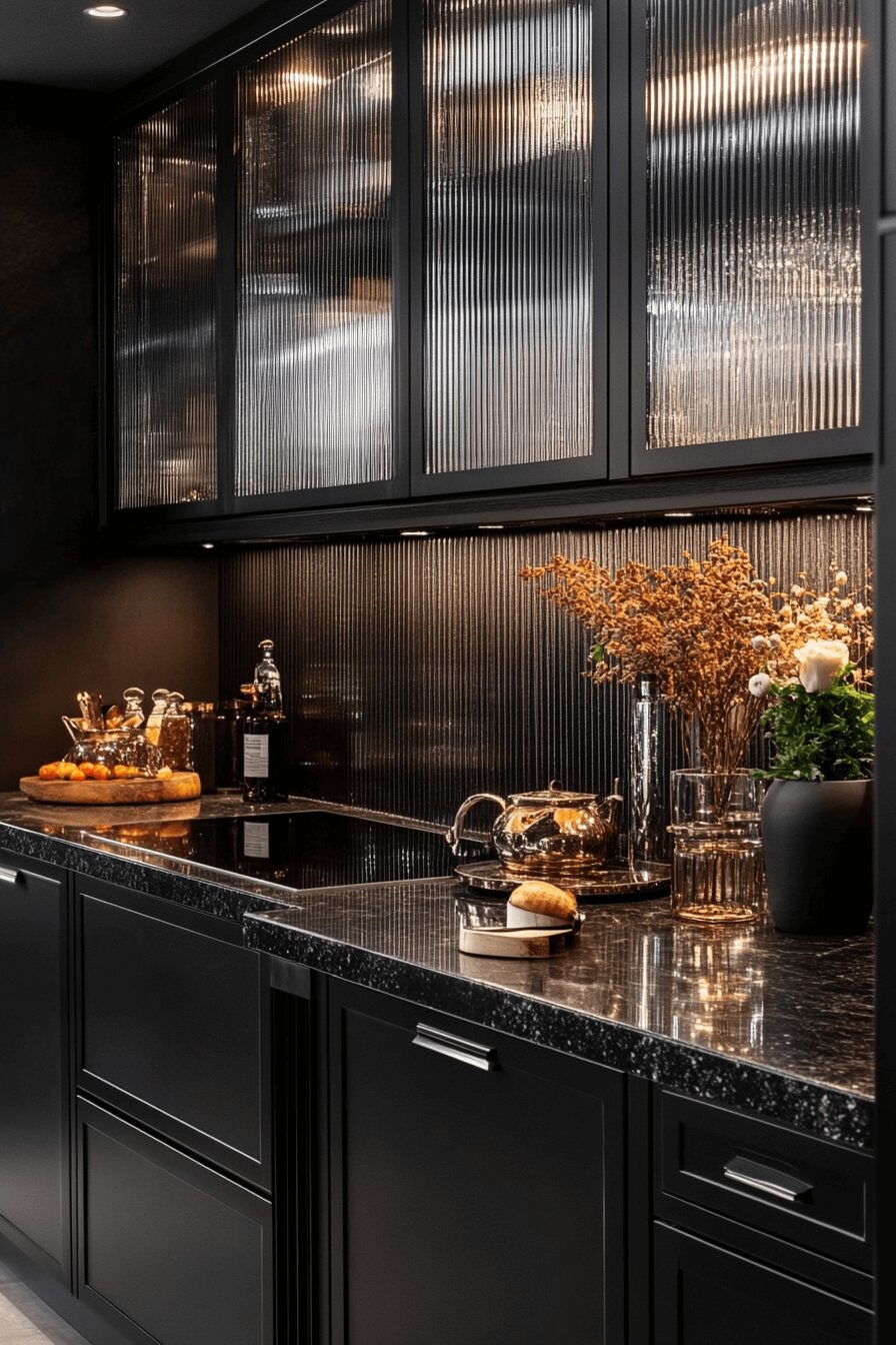 high-contrast fluted glass kitchen cabinets