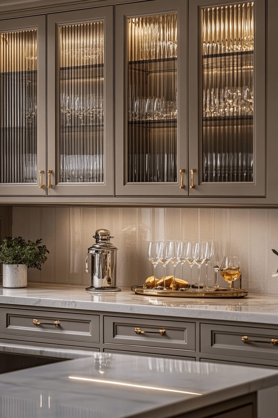 elegant fluted glass kitchen cabinets