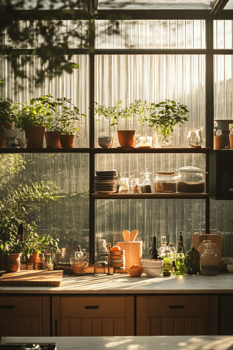 light-filled fluted glass kitchen cabinets