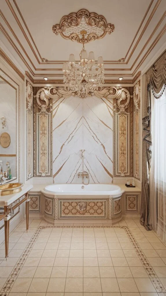 Highly ornate Baroque luxury bathroom featuring architectural gold molding and sculpted elements framing a central white marble slab accent wall above the tub.