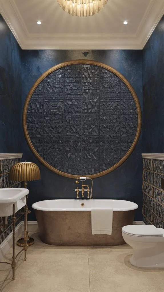 Modern luxury bathroom with a deep blue accent wall showcasing a large, round central medallion of dark, textured geometric tiles framed by a thick wooden or gold ring.