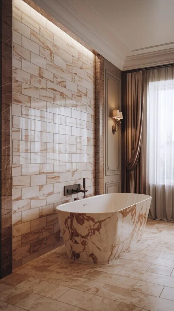 Warm luxury accent wall composed of rectangular marble tiles in stacked formation, displaying brown and copper veining, highlighted by integrated perimeter lighting.